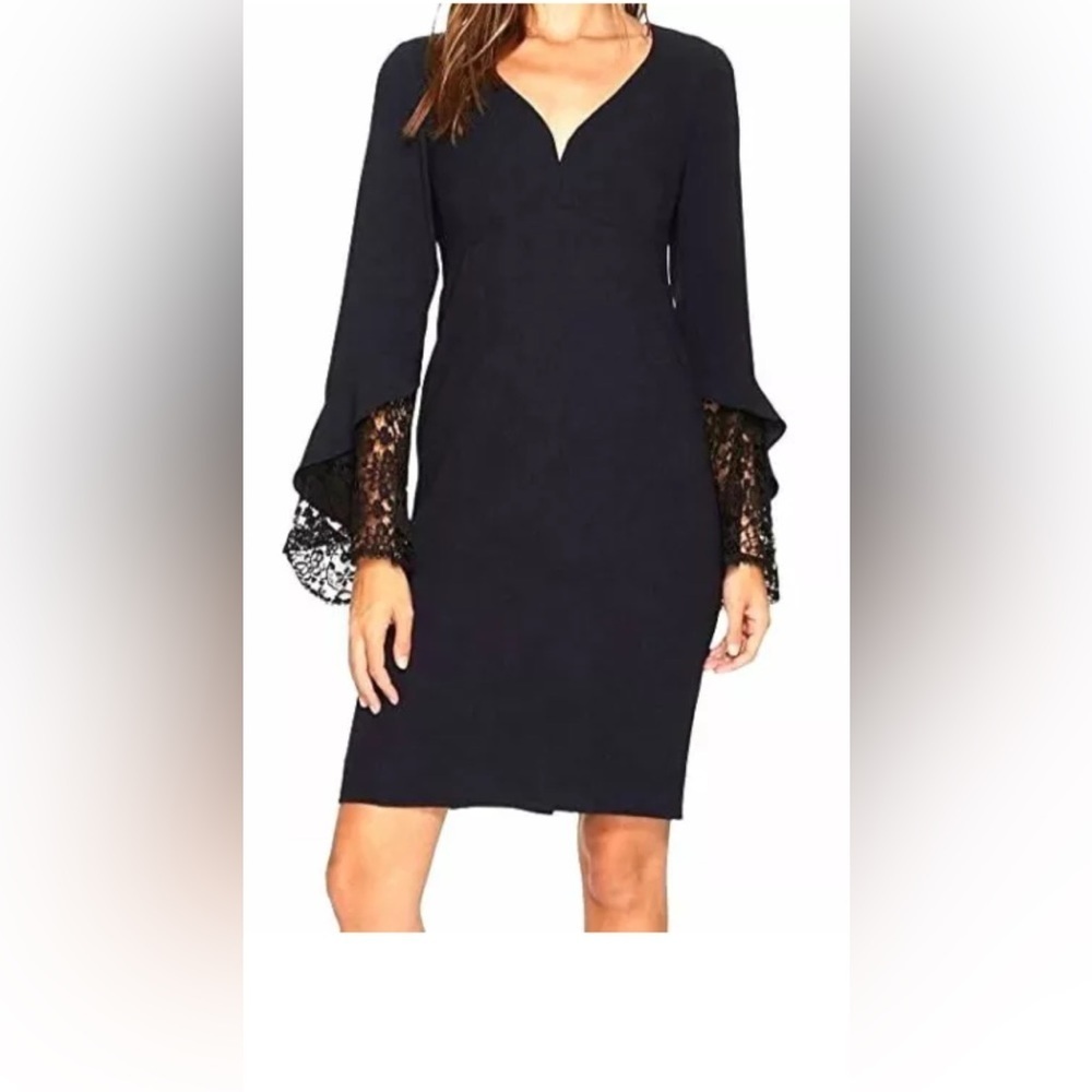 Nanette Lepore Dress Long Lece Bell Sleeve Dark Navy Blue Sz 6 Party Cocktail